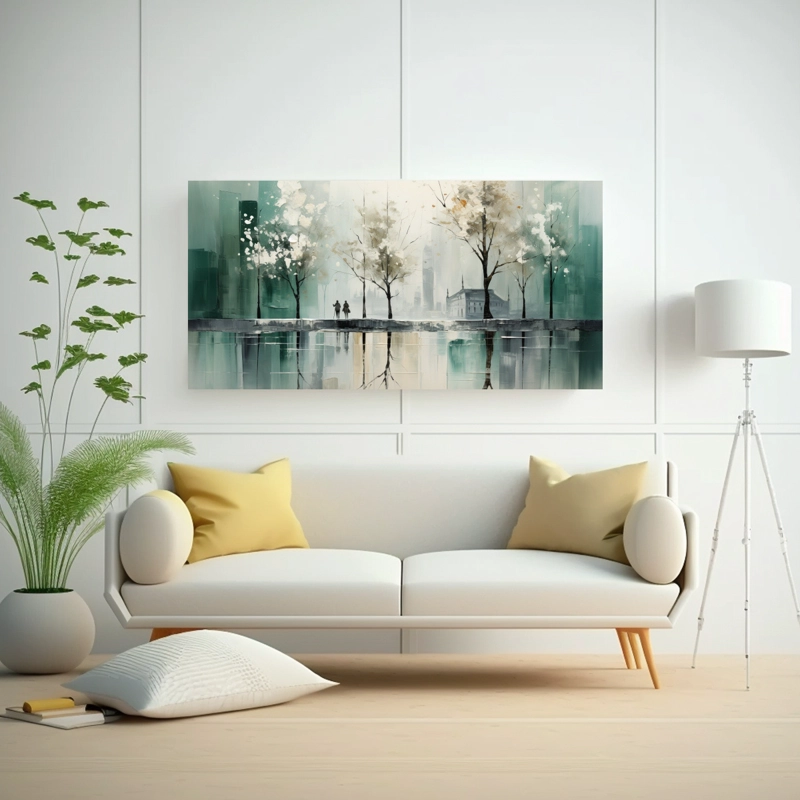 CUADRO ABSTRACTO ÁRBOLES EN PLATA Y BLANCO DE ARTE TEMA URBANO 140X70CM - 2