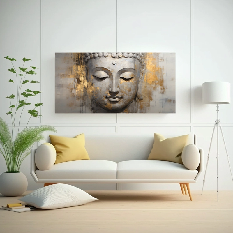CUADRO POP ART EN BASTIDOR: BUDA ABSTRACTO ESTILO ÓLEO PLATA Y ORO, DECORATIVO Y MODERNO 40X20CM - 2