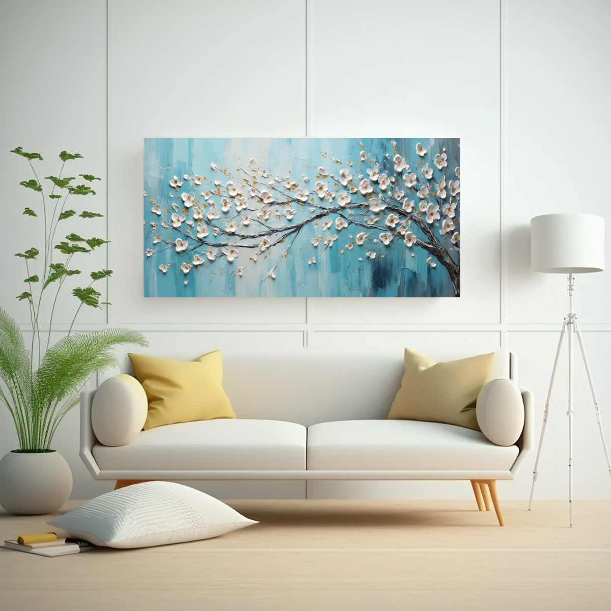 PINTURA EN LIENZO MODERNA DE FANTASÍA DE FLORES DE CEREZO TURQUESA EN ARTE DE PARED 80X40CM - 2