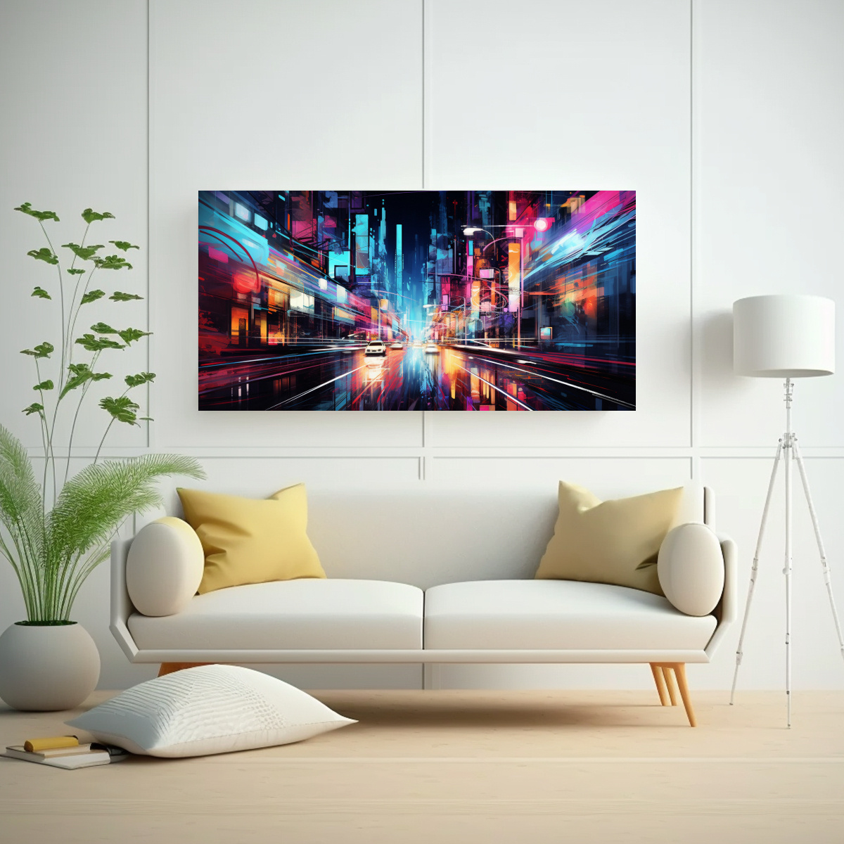 CUADRO ABSTRACTO: FUSIÓN DE POP ART Y CIUDAD NEÓN 140X70CM - 2