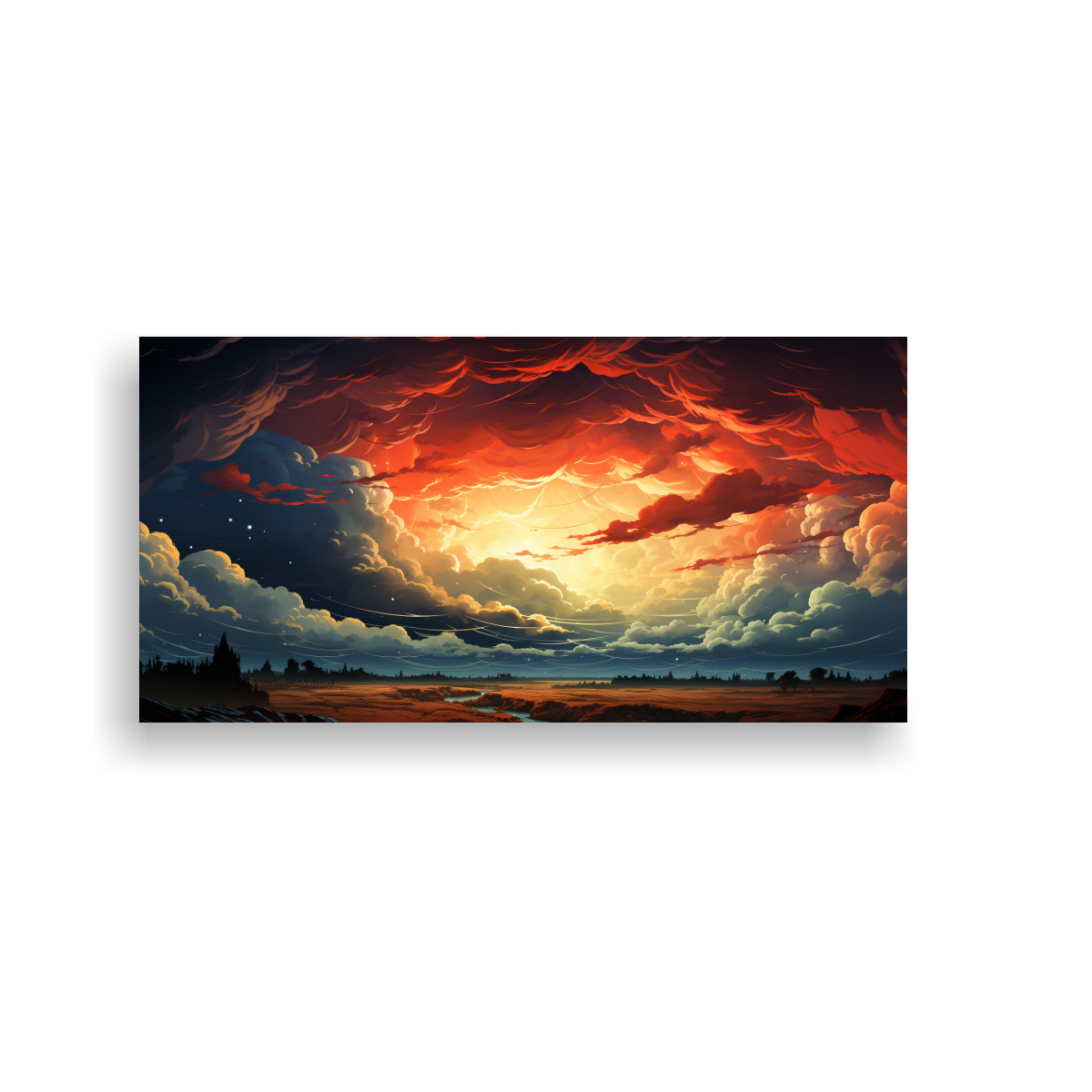 PINTURA DECORATIVA DE MOVIMIENTO CULTURAL CON NUBES DE TORMENTA ILUMINADAS; COLORES PLANOS 140X70CM - 1