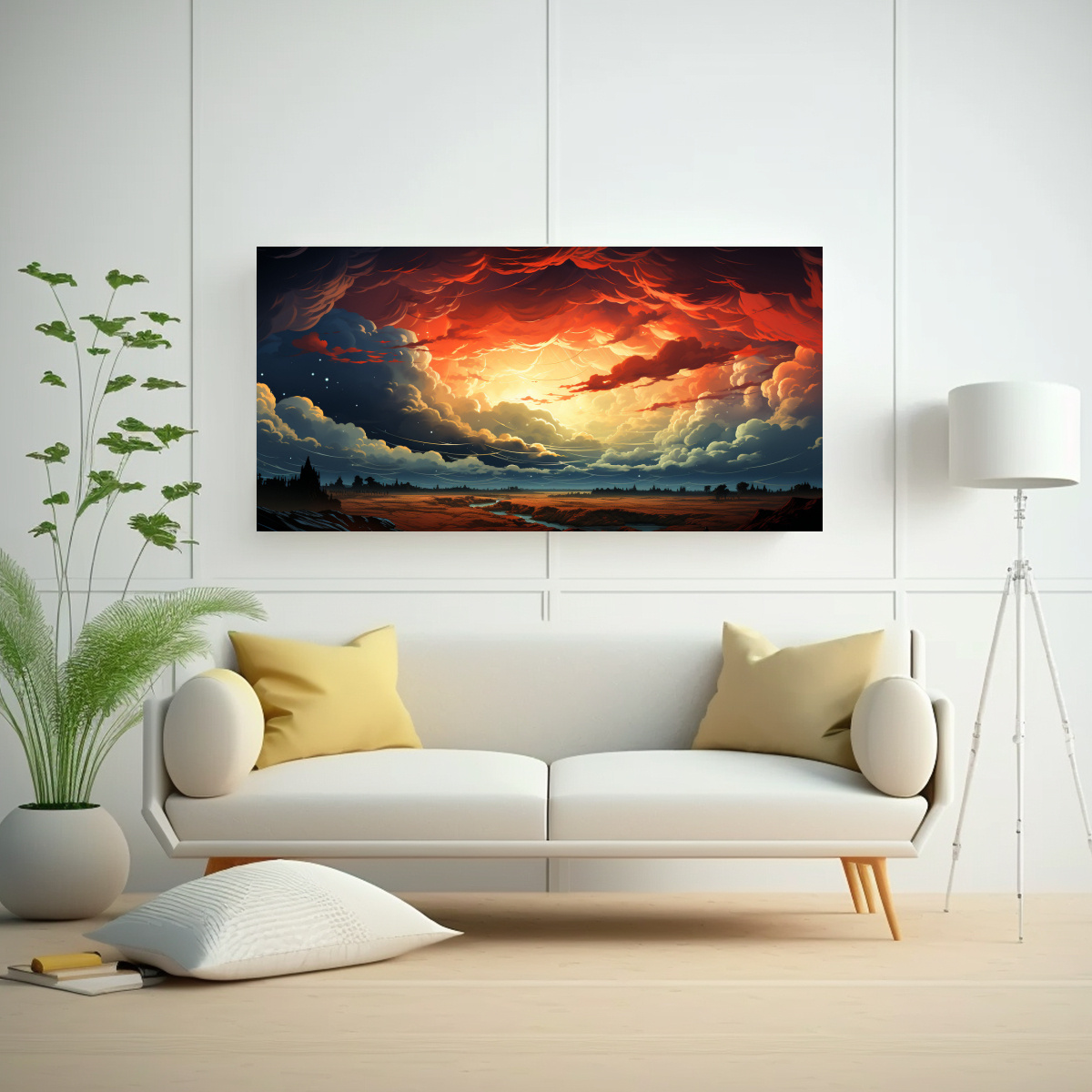 PINTURA DECORATIVA DE MOVIMIENTO CULTURAL CON NUBES DE TORMENTA ILUMINADAS; COLORES PLANOS 140X70CM - 2