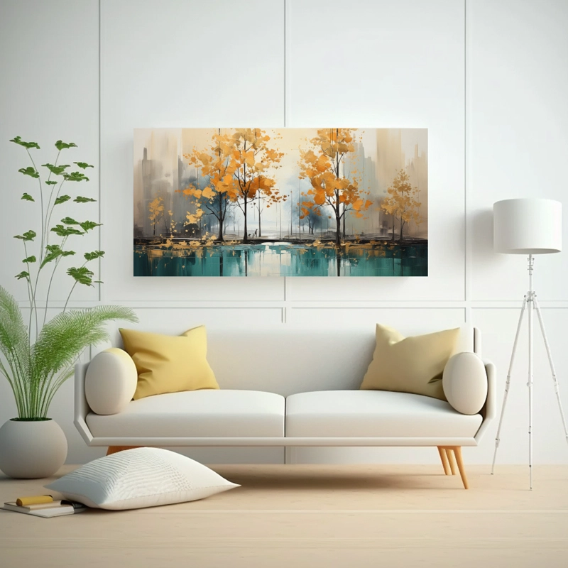 PINTURA ABSTRACTA DE ÁRBOLES EN PLATA Y ORO CON DETALLES INTRINCADOS EN MOVIMIENTO 60X30CM - 2