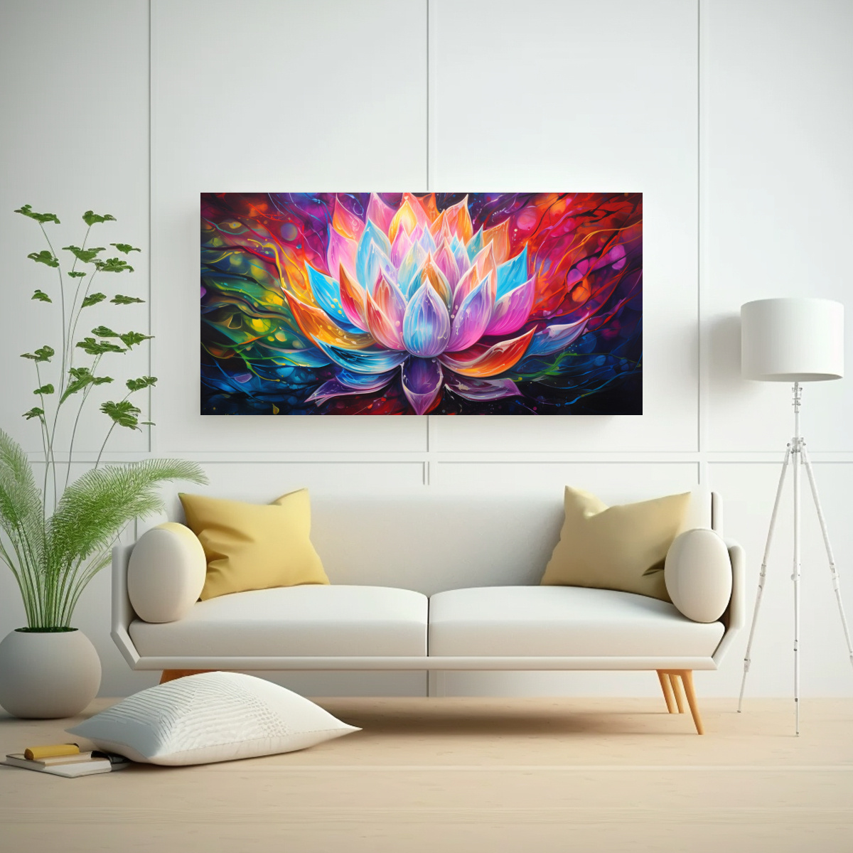 PINTURA EN LIENZO DE LOTO EN RELIEVE CON COLORES DEL ARCOÍRIS EN LA DECORACIÓN 120X60CM - 2