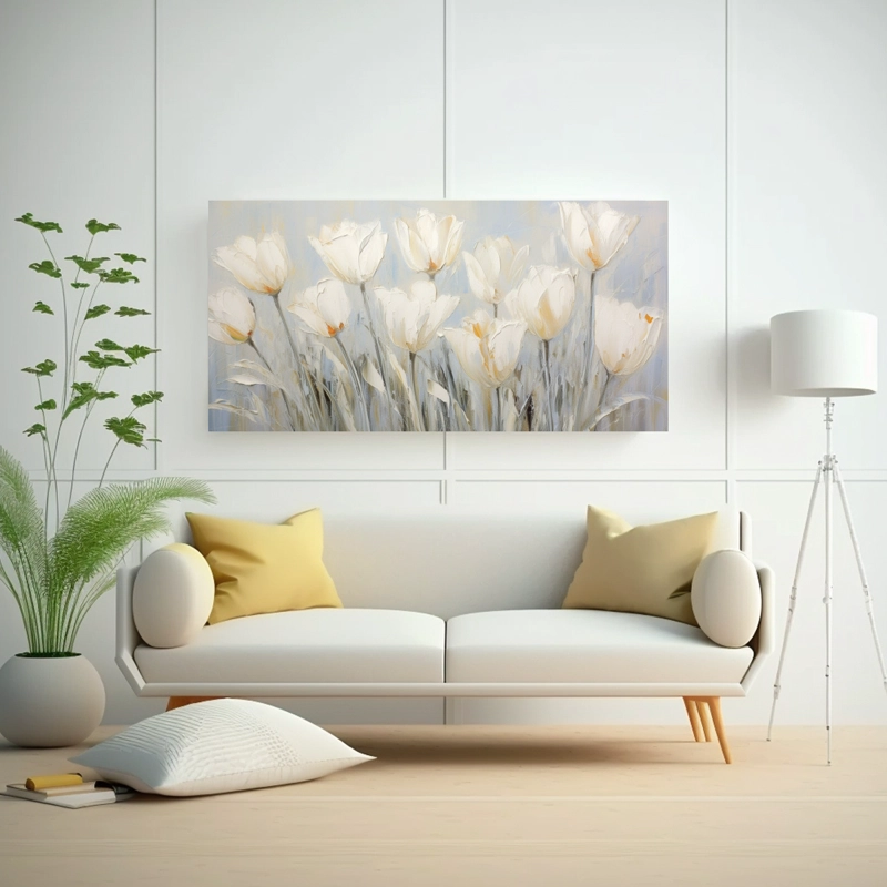 CUADRO VERTICAL DE COMEDOR CON PINTURA DE TULIPANES BLANCOS EN LIENZO AL ESTILO DE 40X20CM - 2