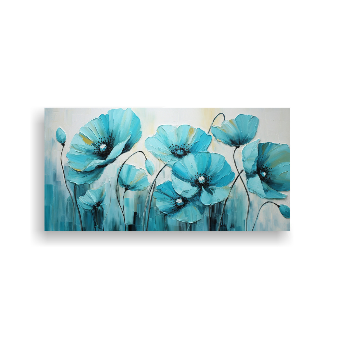 PINTURA EN BASTIDOR MODERNO URBANO CON FLORES TURQUESAS EN ESTILO POPPI. 100X50CM - 1