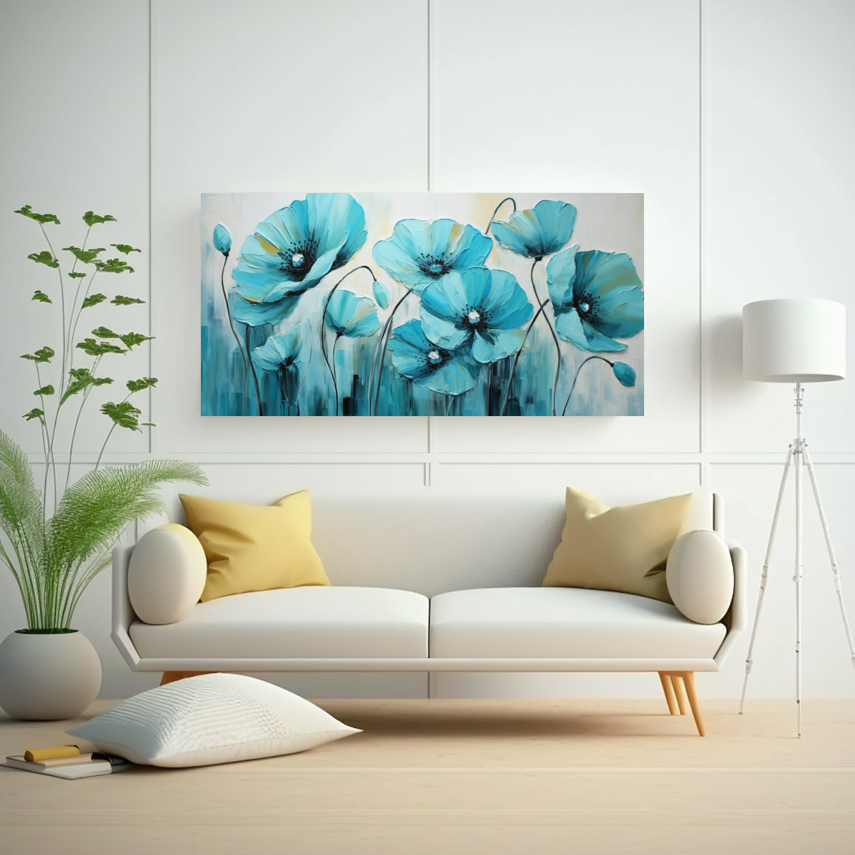PINTURA EN BASTIDOR MODERNO URBANO CON FLORES TURQUESAS EN ESTILO POPPI. 100X50CM - 2