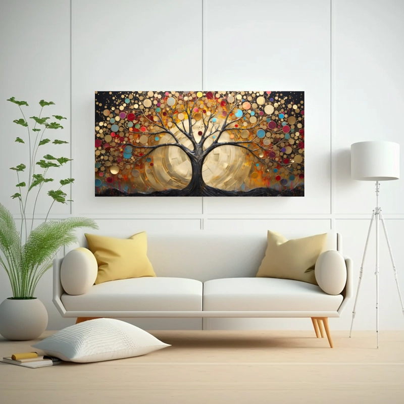 CUADRO DECORATIVO DE ÁRBOL DORADO Y ARCOÍRIS EN BASTIDOR PARA DORMITORIO 60X30CM - 2