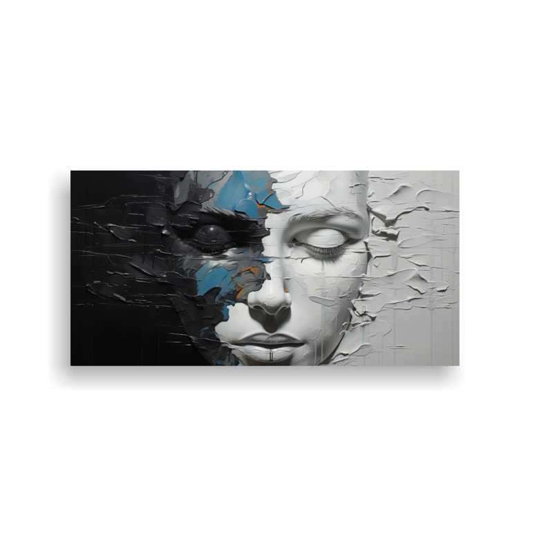 CUADRO MOVIMIENTO SIMPLE CON CONTORNOS FACIALES Y SALPICADURAS PLATEADAS Y VIBRANTES 100X50CM - 1