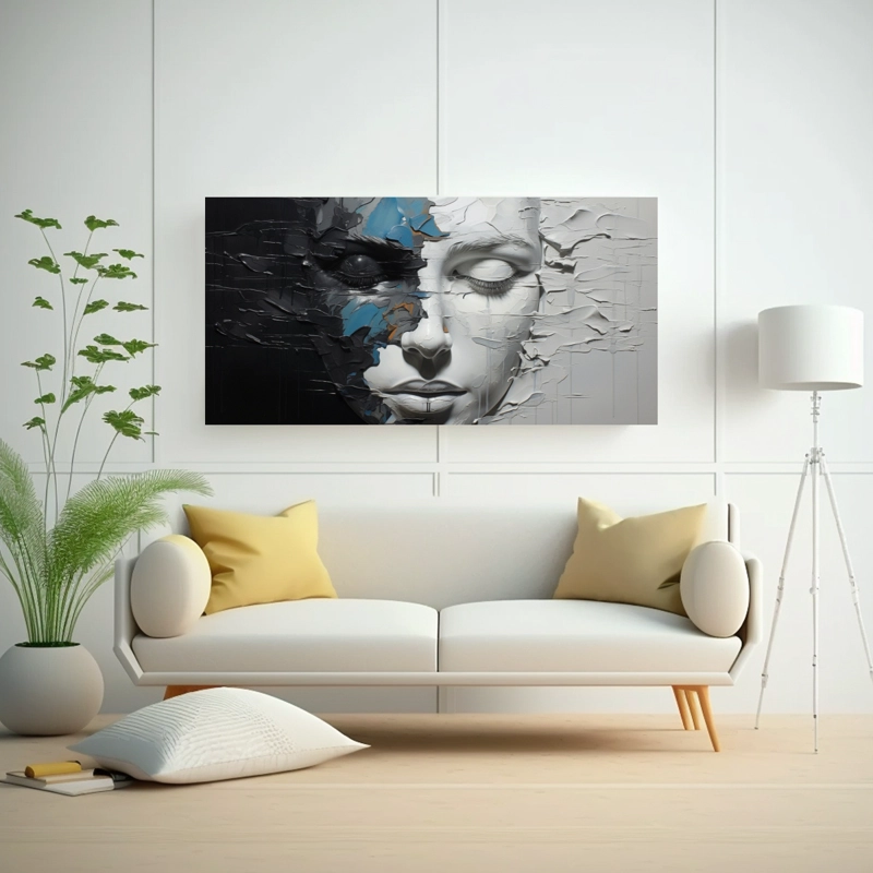 CUADRO MOVIMIENTO SIMPLE CON CONTORNOS FACIALES Y SALPICADURAS PLATEADAS Y VIBRANTES 100X50CM - 2