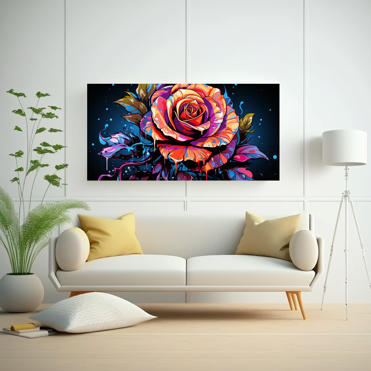 CUADRO DE TELA CON DISEÑO DE ROSA MULTICOLOR EN ESTILO GRAFFITI 140X70CM - 2