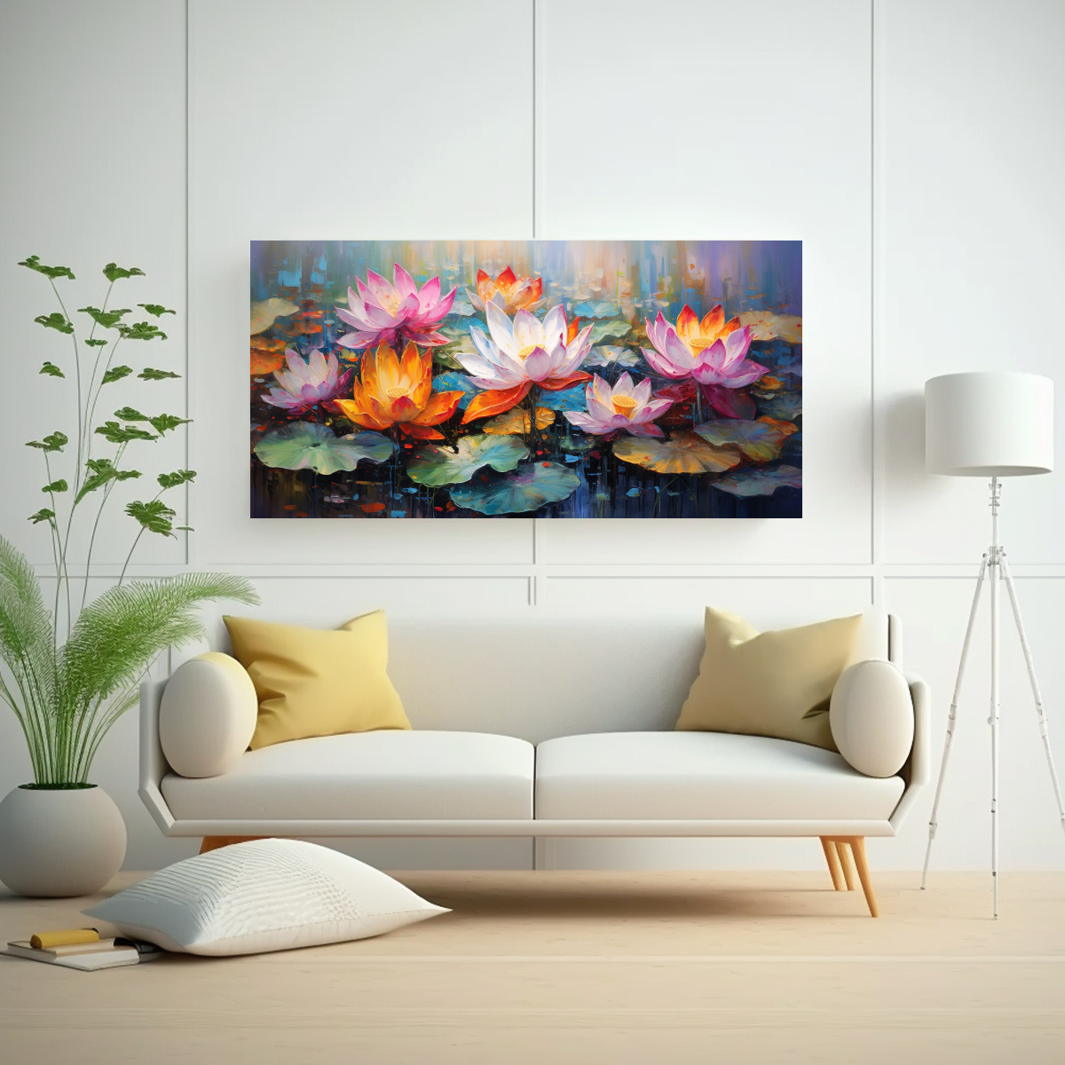 PINTURA EN LIENZO DE LOTO VIBRANTE EN COLORES CÁLIDOS CUADRO DECORATIVO 120X60CM - 2