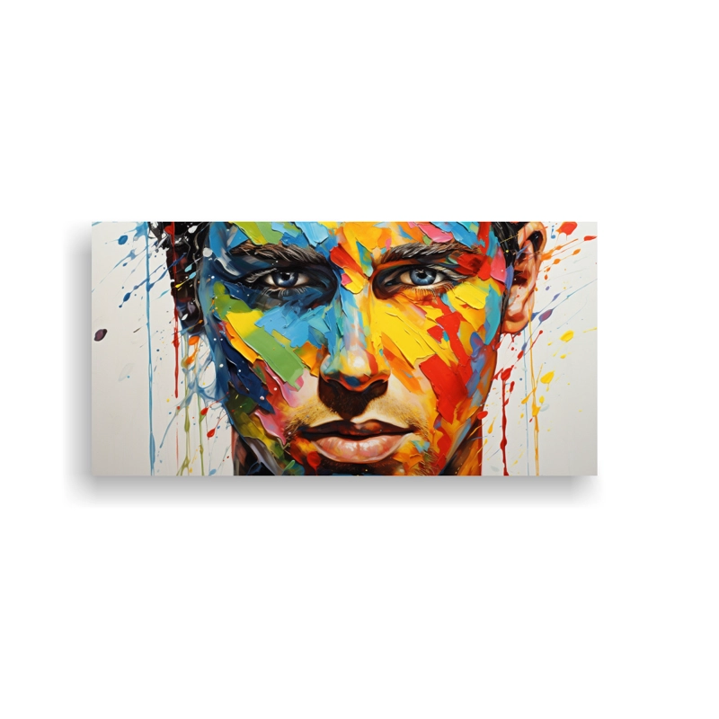 CUADRO DE ARTE DE PARED CONTORNOS FACIALES Y SALPICADURAS DORADAS Y ARCOÍRIS 80X40CM - 1