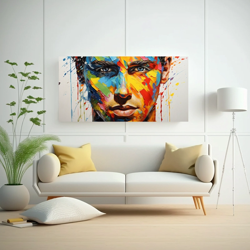 CUADRO DE ARTE DE PARED CONTORNOS FACIALES Y SALPICADURAS DORADAS Y ARCOÍRIS 80X40CM - 2