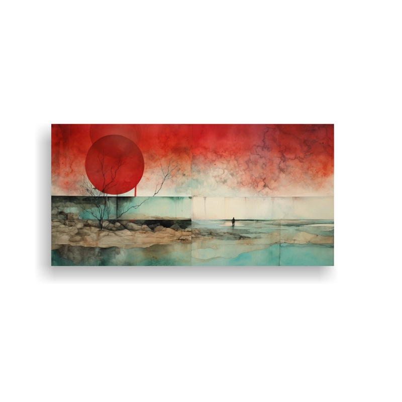 PINTURA DE AMBIENTE CON ACUARELA ROJA, TURQUESA Y PLATEADA DE ALTA CALIDAD 160X80CM - 1