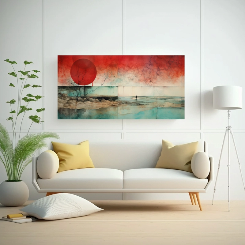PINTURA DE AMBIENTE CON ACUARELA ROJA, TURQUESA Y PLATEADA DE ALTA CALIDAD 160X80CM - 2