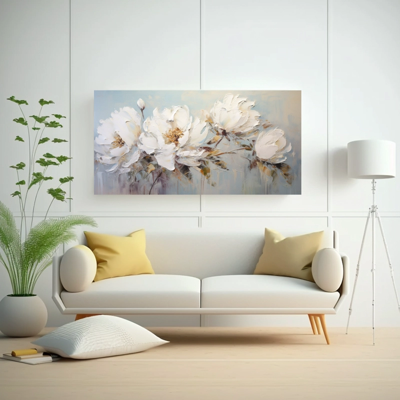 CUADRO CALIDEZ DE PEONÍAS BLANCAS EN LIENZO CON ARTE DE COMPOSICIÓN 40X20CM - 2