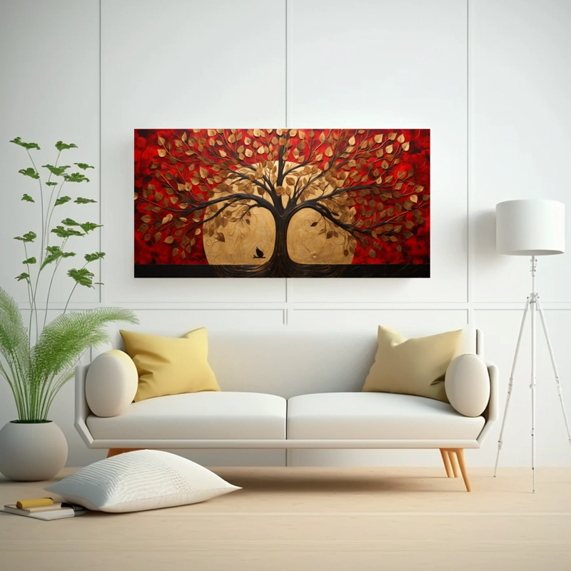 CUADRO MODERNOS ÉPOCA: ÁRBOL EN ROJO Y DORADO, ESTILO DECORATIVO. 160X80CM - 2