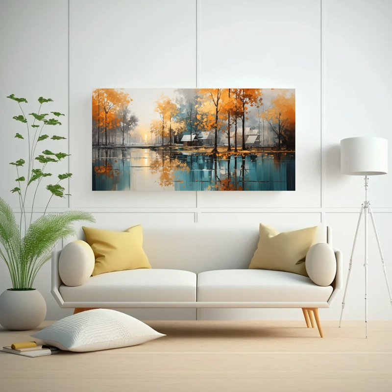 PINTURA ABSTRACTA DE ÁRBOLES EN PLATA Y ORO CON COMPOSICIÓN LUMINOSA DE ARTE 40X20CM - 2