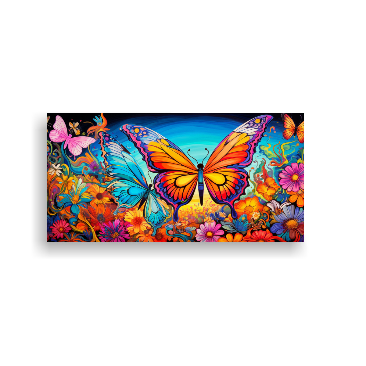PINTURA DECORATIVA DE ESCENARIO PSICODÉLICO CON TRES MARIPOSAS Y FLORES 160X80CM - 1