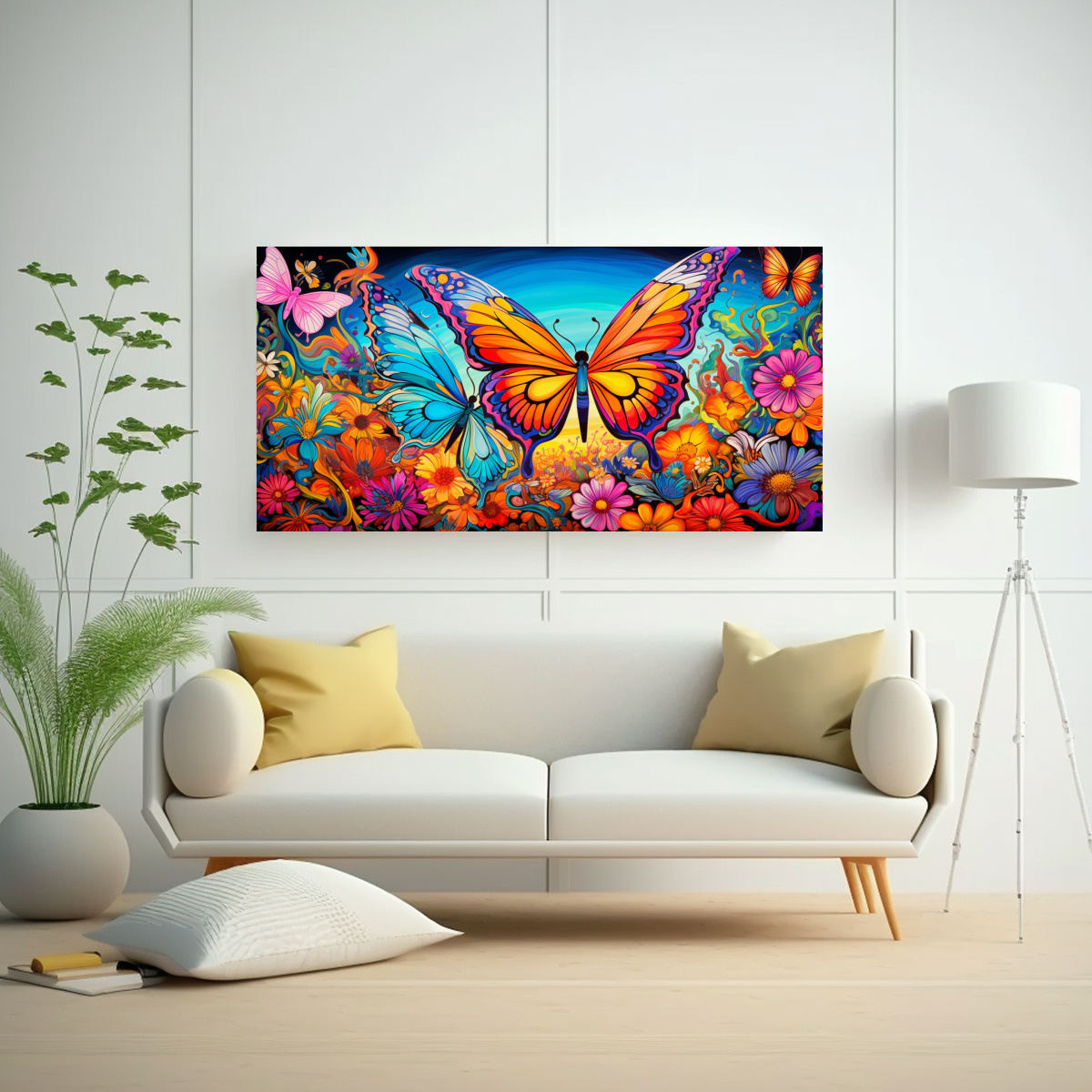 PINTURA DECORATIVA DE ESCENARIO PSICODÉLICO CON TRES MARIPOSAS Y FLORES 160X80CM - 2