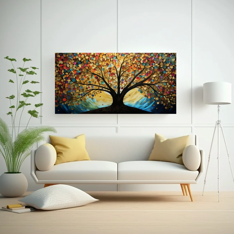 CUADRO SALA CON ÁRBOL DORADO Y ARCOÍRIS EN DISEÑO DE COMPOSICIÓN 40X20CM - 2