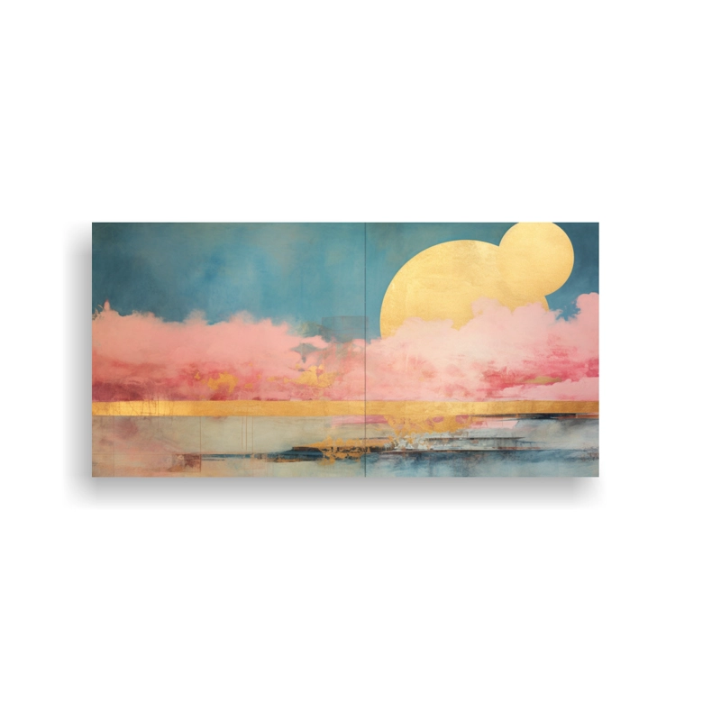 LIENZO DIBUJO ELEGANTE CON ACUARELA ROSA, TURQUESA Y DORADA EN PINTURA DECORATIVA 160X80CM - 1