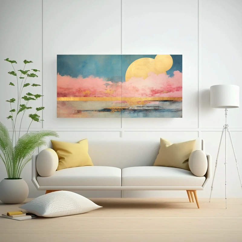 LIENZO DIBUJO ELEGANTE CON ACUARELA ROSA, TURQUESA Y DORADA EN PINTURA DECORATIVA 160X80CM - 2