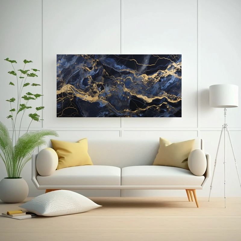 CUADRO DECORATIVO DE LIENZO CON PATRÓN DE MÁRMOL EN AZUL ZAFIRO, DORADO Y NEGRO 80X40CM - 2