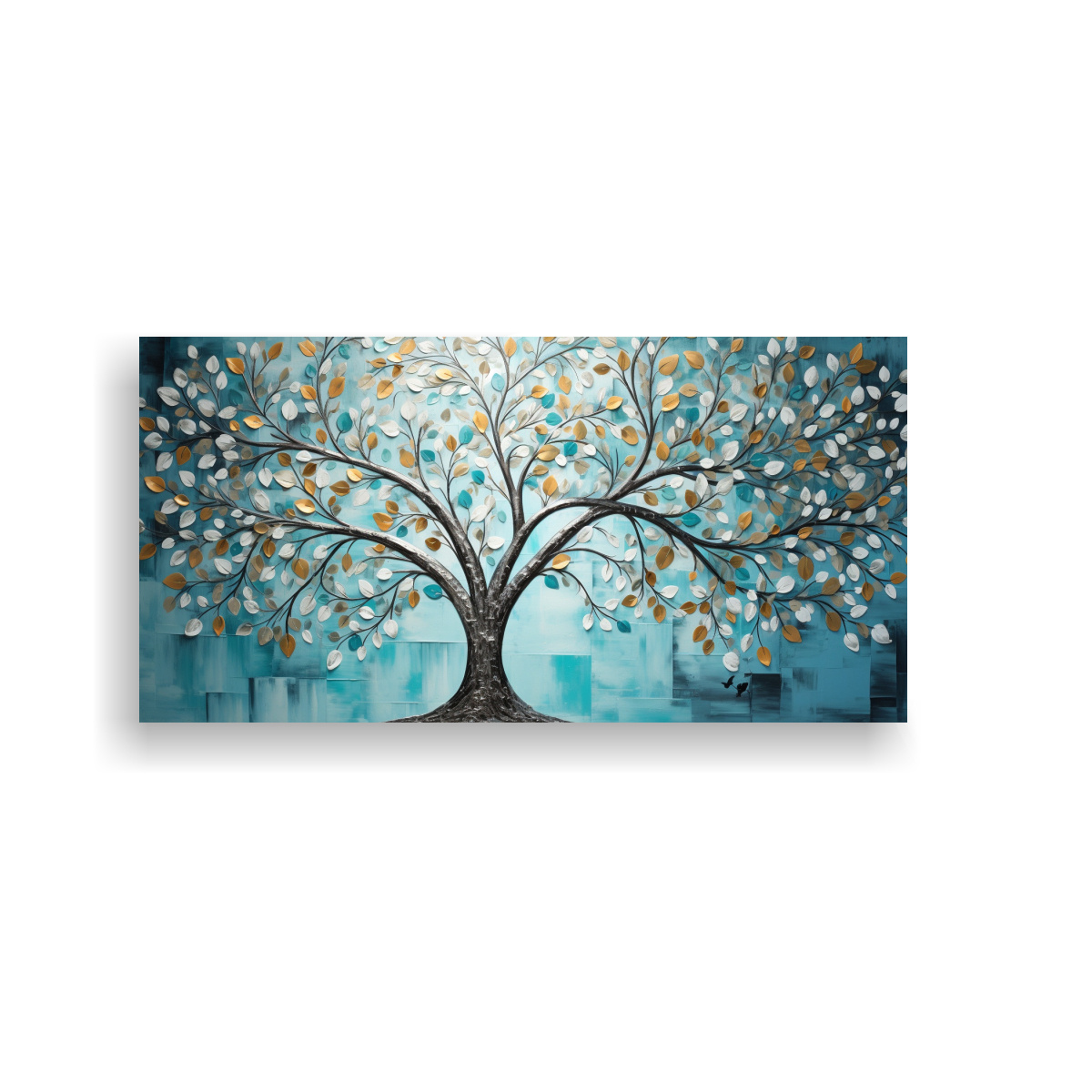 PINTURA DE ÁRBOL EN TURQUESA Y PLATA EN DECORACIÓN DE ARTE CONCEPTO Y CONTRASTE. 60X30CM - 1