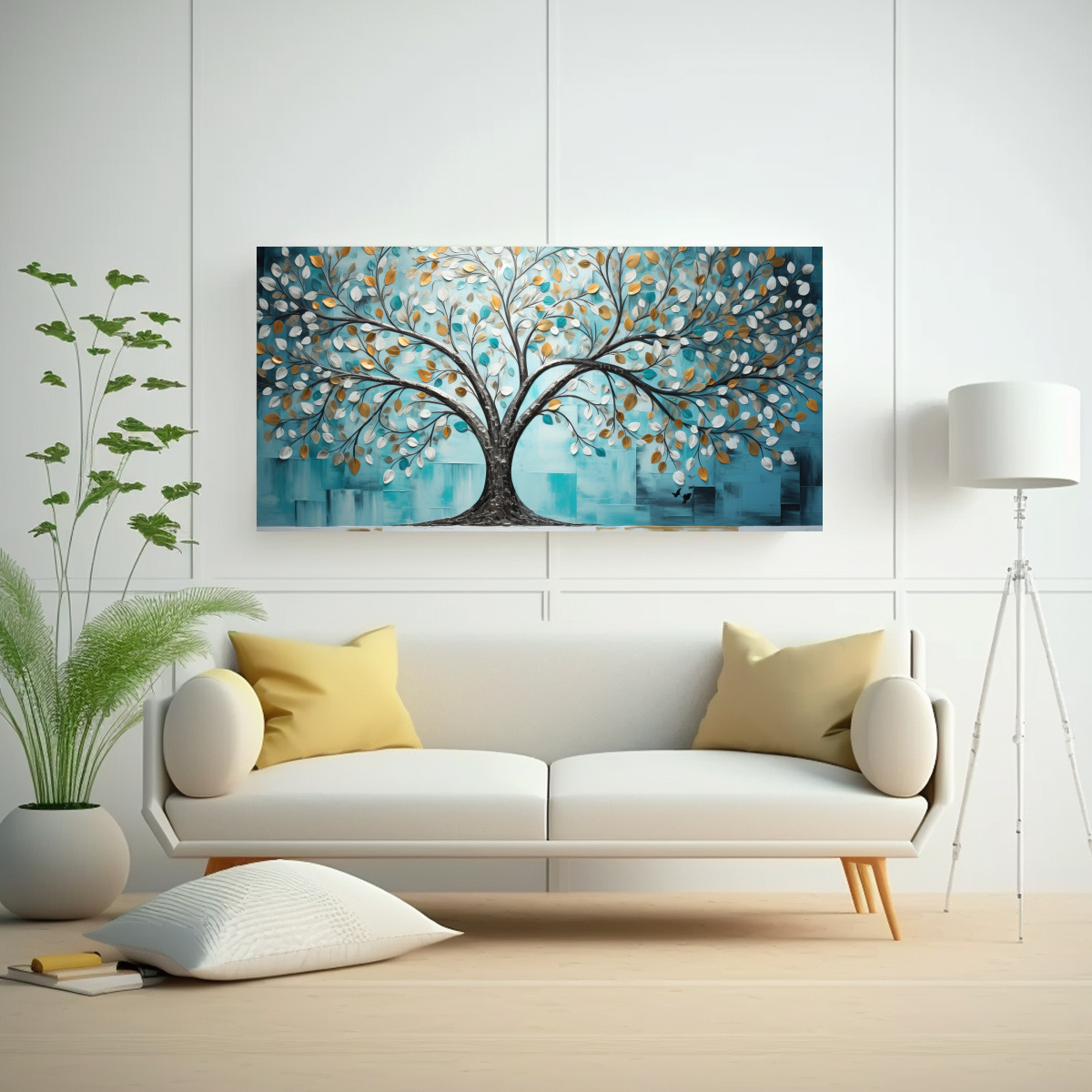 PINTURA DE ÁRBOL EN TURQUESA Y PLATA EN DECORACIÓN DE ARTE CONCEPTO Y CONTRASTE. 60X30CM - 2