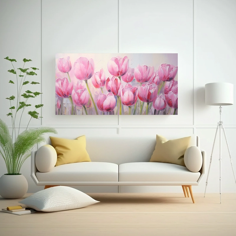 CUADRO TONOS COLORIDO CON TULIPANES ROSADOS EN LIENZO EN EL ESTILO DE LA PINTURA DE DECORA 40X20CM - 2