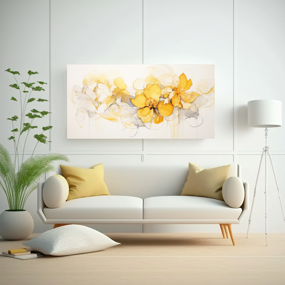 TELA EN BASTIDOR TONOS ARMONÍA PINTURA FLORAL ACUARELA EN BLANCO 60X30CM - 2