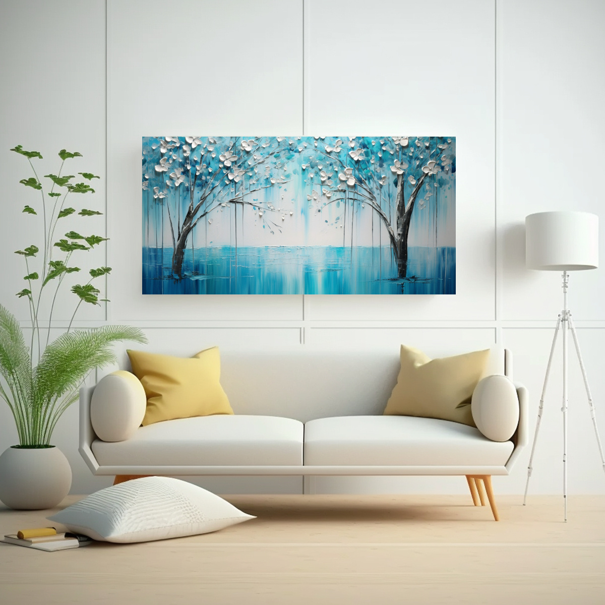 CUADRO LIENZO FINAS LÍNEAS NATURALEZA VIVA, EN COLORES TURQUESA Y PLATEADO. 60X30CM - 2