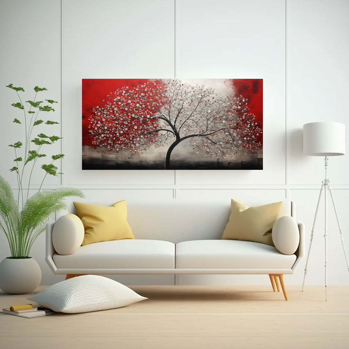 CUADRO ABSTRACTO EN ROJO Y PLATA CON IMAGEN DE ÁRBOL PARA DECORACIÓN DE LÍNEAS FINAS 140X70CM - 2