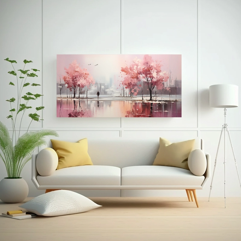 PINTURA ABSTRACTA DE ÁRBOLES EN PLATA Y BLANCO, COMPOSICIÓN DE FINAS LÍNEAS RESISTENTES 40X20CM - 2