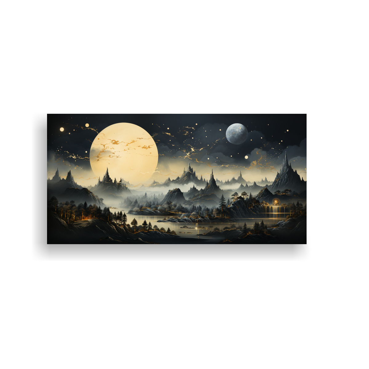 PINTURA DECORATIVA PAISAJE MONTAÑA NOCTURNA FASES LUNARES DORADO 100X50CM - 1