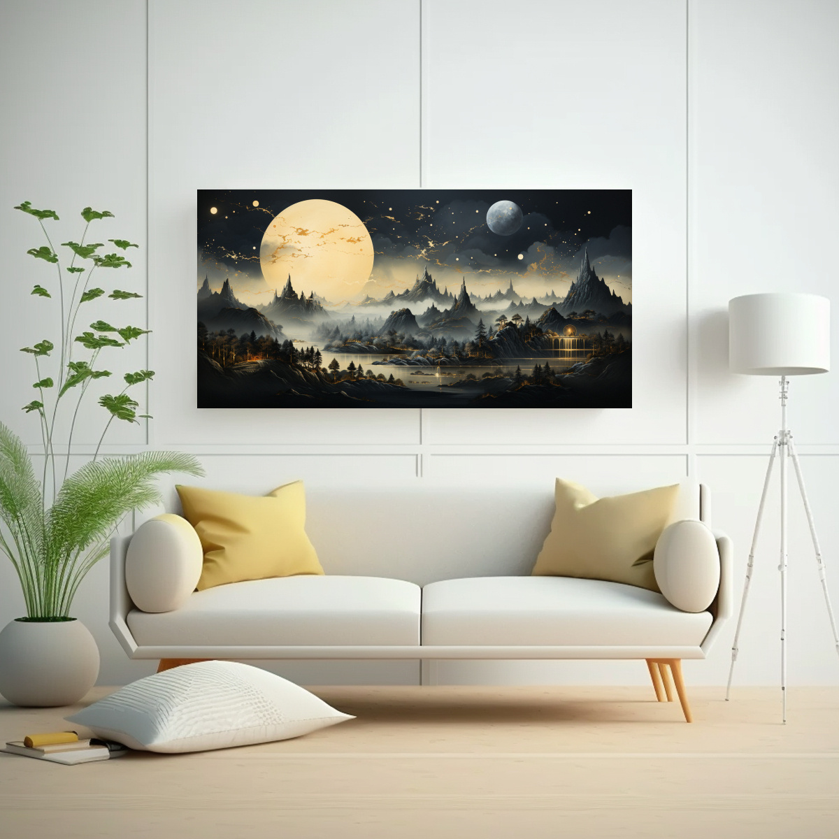 PINTURA DECORATIVA PAISAJE MONTAÑA NOCTURNA FASES LUNARES DORADO 100X50CM - 2
