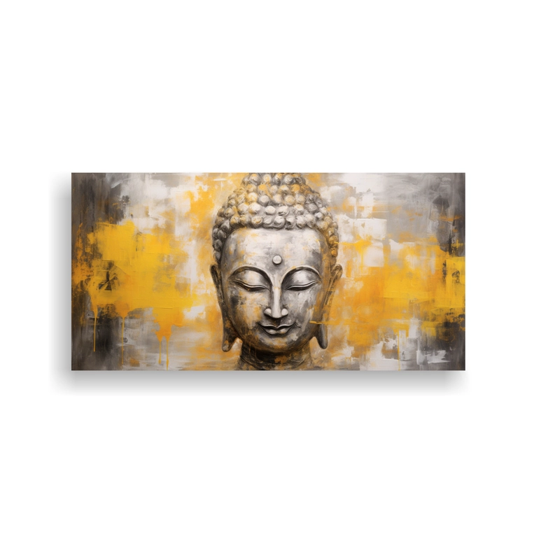 CUADRO CONCEPTUAL ABSTRACTO DE BELLEZA: BUDDHA FACE ÓLEO ESTILO PLATA Y AMARILLO 160X80CM - 1