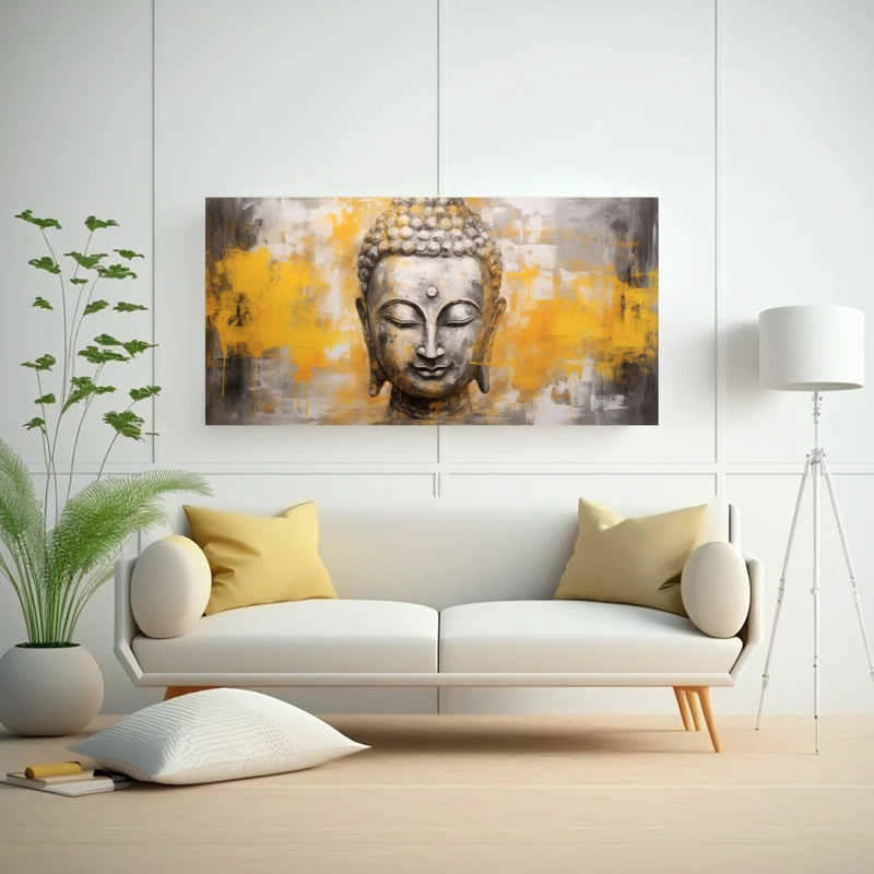 CUADRO CONCEPTUAL ABSTRACTO DE BELLEZA: BUDDHA FACE ÓLEO ESTILO PLATA Y AMARILLO 160X80CM - 2