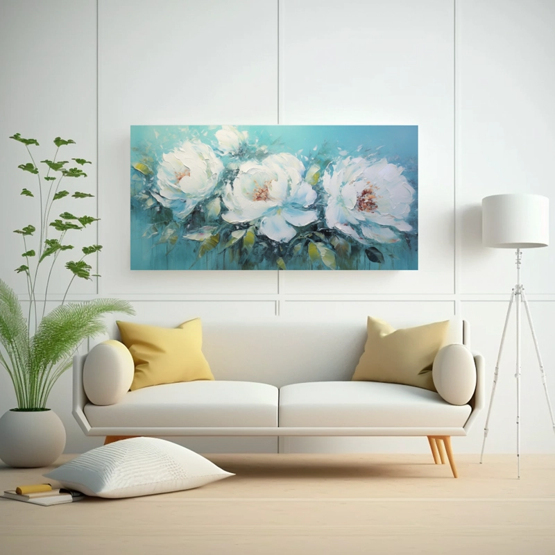 CUADRO DE PEONÍAS TURQUESA CON DETALLES INTRINCADOS EN LIENZO DE ESTILO DE DECORACIÓN 40X20CM - 2