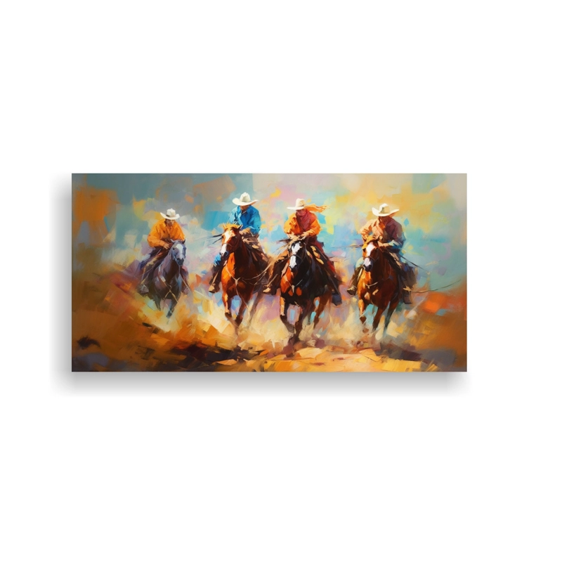 CUADRO HERMOSO TEMÁTICO DE TRES VAQUEROS Y UNA VAQUERA CORRIENDO EN TIERRAS DEL OESTE COL 120X60CM - 1