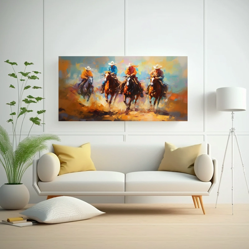CUADRO HERMOSO TEMÁTICO DE TRES VAQUEROS Y UNA VAQUERA CORRIENDO EN TIERRAS DEL OESTE COL 120X60CM - 2