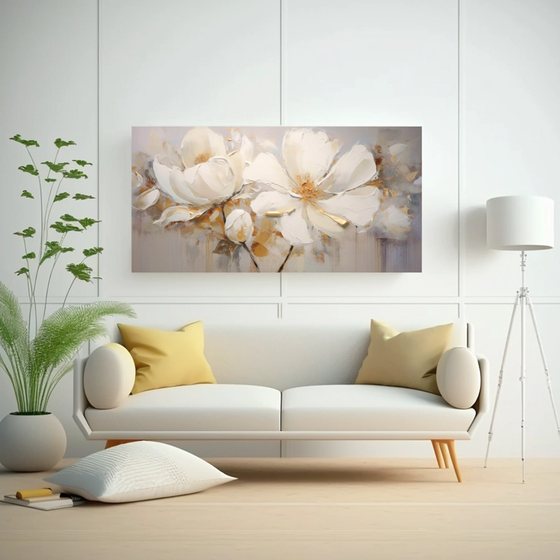 CUADRO FLORAL BLANCO EN LIENZO, ESTILO PINTURA NATURALEZA VIVA 80X40CM - 2