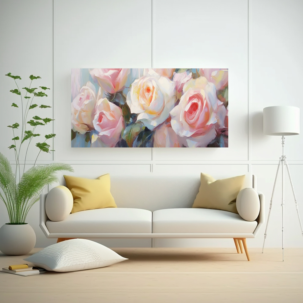 PINTURAS DECORATIVAS DE CUADRO DE ROSAS ROSADAS Y BLANCAS EN FONDO SOLEADO CLARO 40X20CM - 2