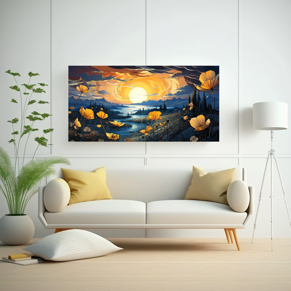PINTURAS DECORATIVAS DE SALÓN CON INTENSA COMPOSICIÓN DE PATRÓN Y PEQUEÑAS FLORES AMAR 120X60CM - 2