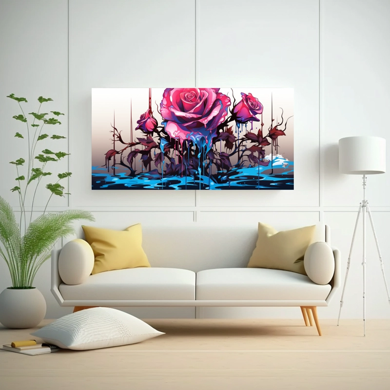 CUADRO DE SALA CON LOGO EN LIENZO DE COLOR TURQUESA OSCURO Y ROSA DERRETIDO 80X40CM - 2