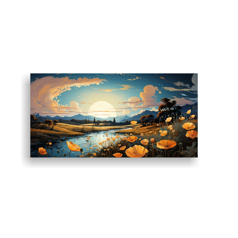 CUADRO JUVENIL DE LIENZO CON FLORES AMARILLAS EN EL CIELO ROSA. 40X20CM - 1
