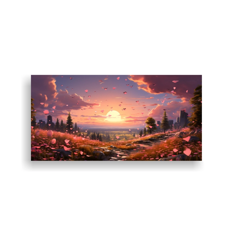 CUADRO PAISAJE ATARDECER CON REFLEJO MODERNO EN LIENZO, SOBRE UN SOBRE ROSA. 160X80CM - 1