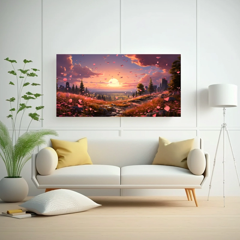 CUADRO PAISAJE ATARDECER CON REFLEJO MODERNO EN LIENZO, SOBRE UN SOBRE ROSA. 160X80CM - 2